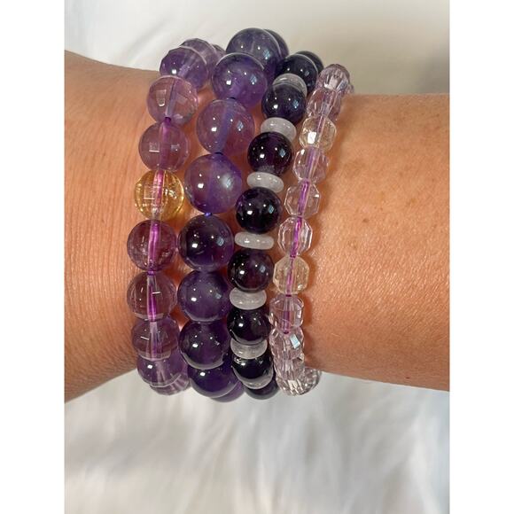 Crystal 4 Bracelet Stack | Uruguay Amethyst, Faceted Citrine, Clear Quartz - Picture 1 of 3